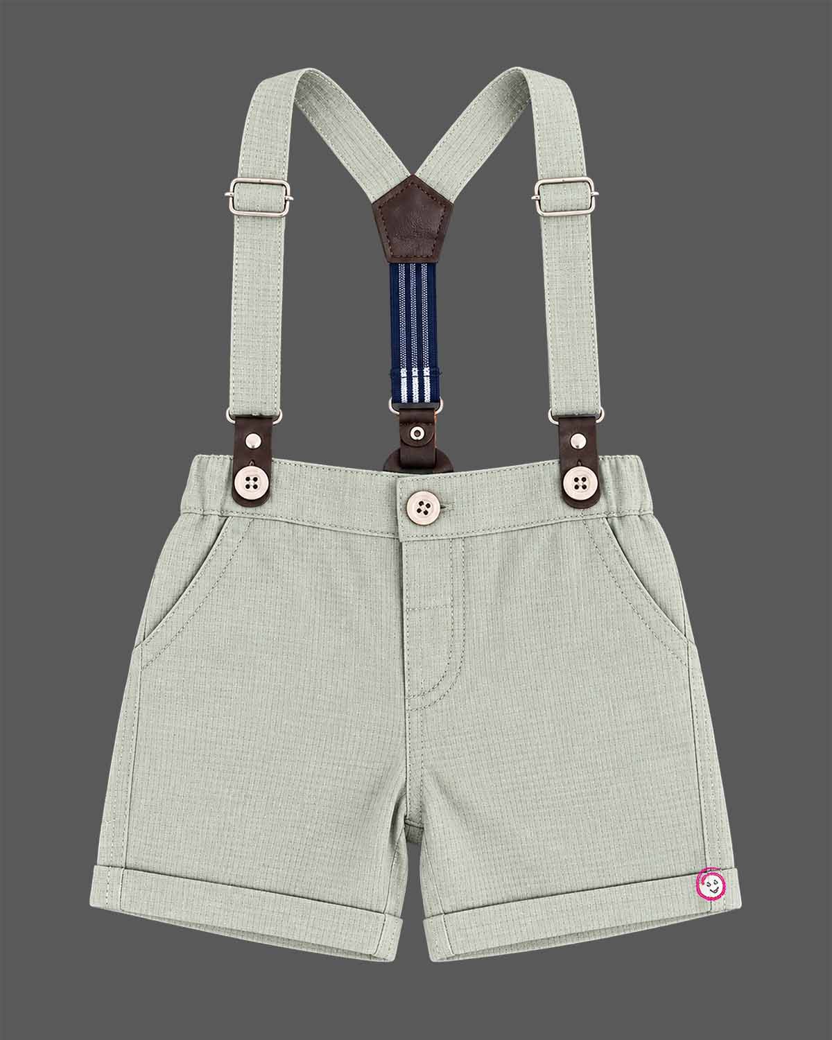Boys printed shirt and suspender shorts set with bow tie for party wear