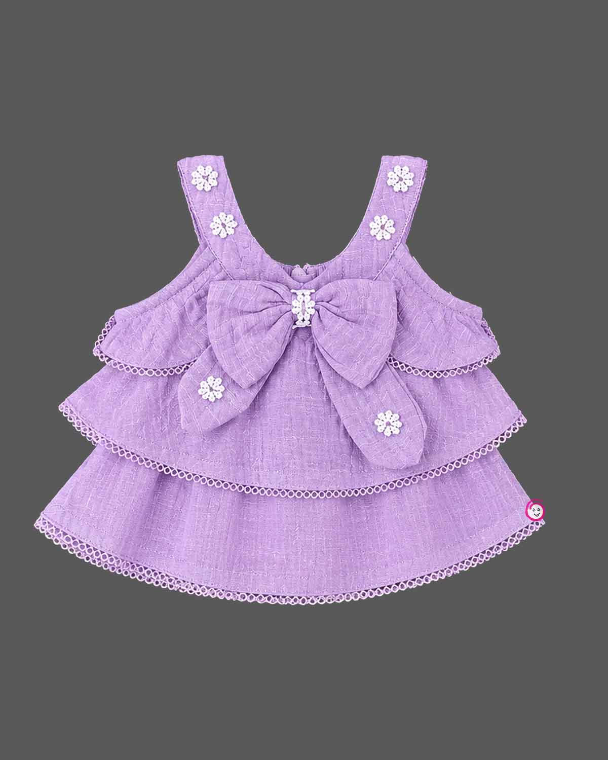 Toddler girl tiered bow top and short set with floral embroidery for parties