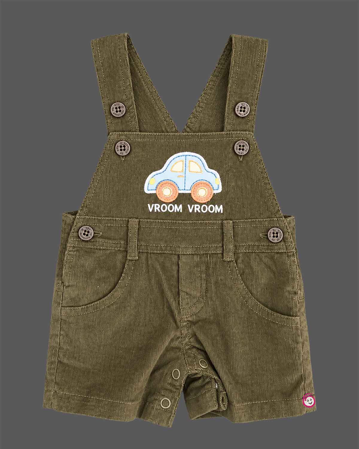 Boys dungaree set featuring short sleeve car print tee and olive dungaree shorts