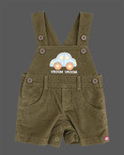 Boys dungaree set featuring short sleeve car print tee and olive dungaree shorts