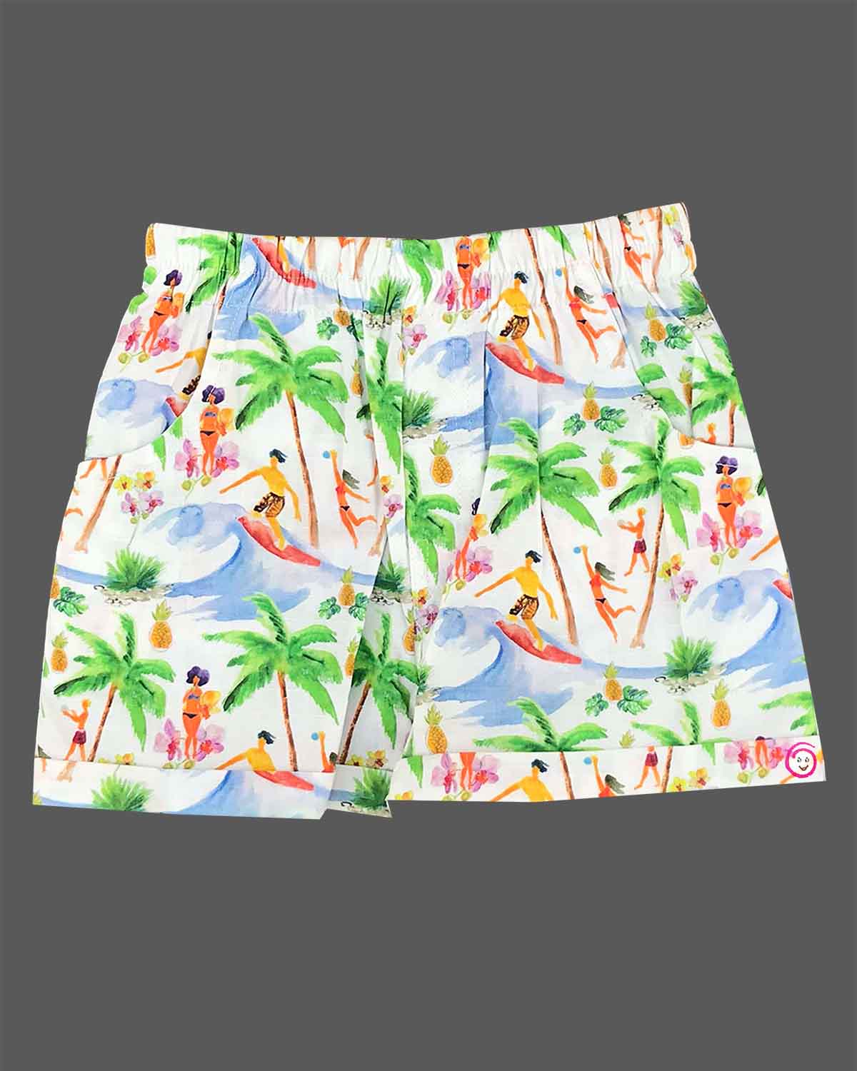 Vibrant tropical beach print muslin open-front shirt and matching shorts set featuring palm trees and surfer motifs for baby boys and toddler summer vacation wear