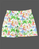 Vibrant tropical beach print muslin open-front shirt and matching shorts set featuring palm trees and surfer motifs for baby boys and toddler summer vacation wear