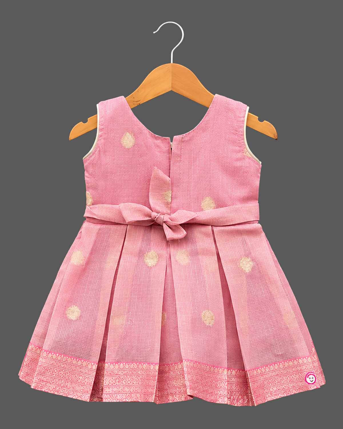 Toddler pleated  cotton silk frock featuring ornate neckline embroidery and flared silhouette.