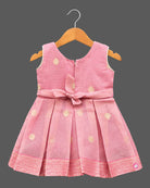 Toddler pleated  cotton silk frock featuring ornate neckline embroidery and flared silhouette.