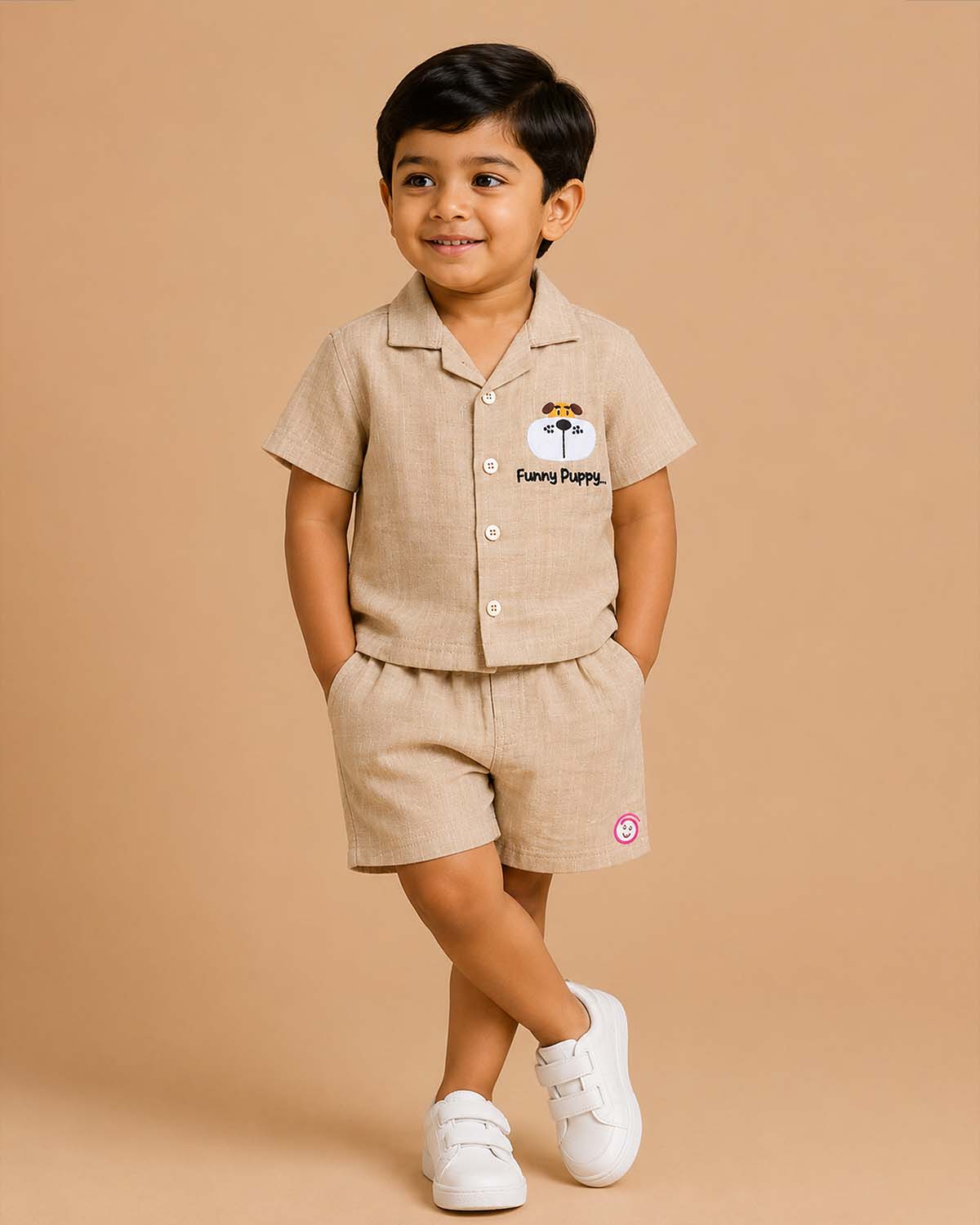 Beige textured cotton button-down top and shorts set with puppy embroidery baby boy top and shorts set for summer vacations, playdates, and park outings