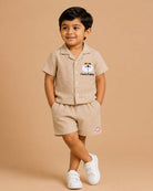 Beige textured cotton button-down top and shorts set with puppy embroidery baby boy top and shorts set for summer vacations, playdates, and park outings