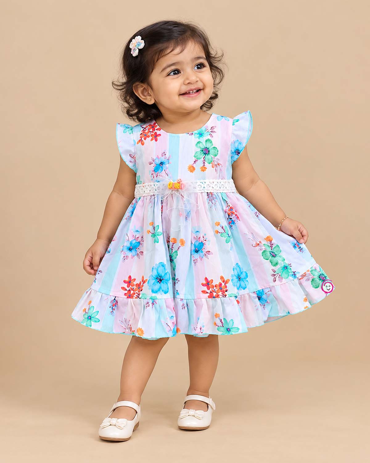 Toddler floral pintucked cotton frock with frill sleeves for birthday Casual wear