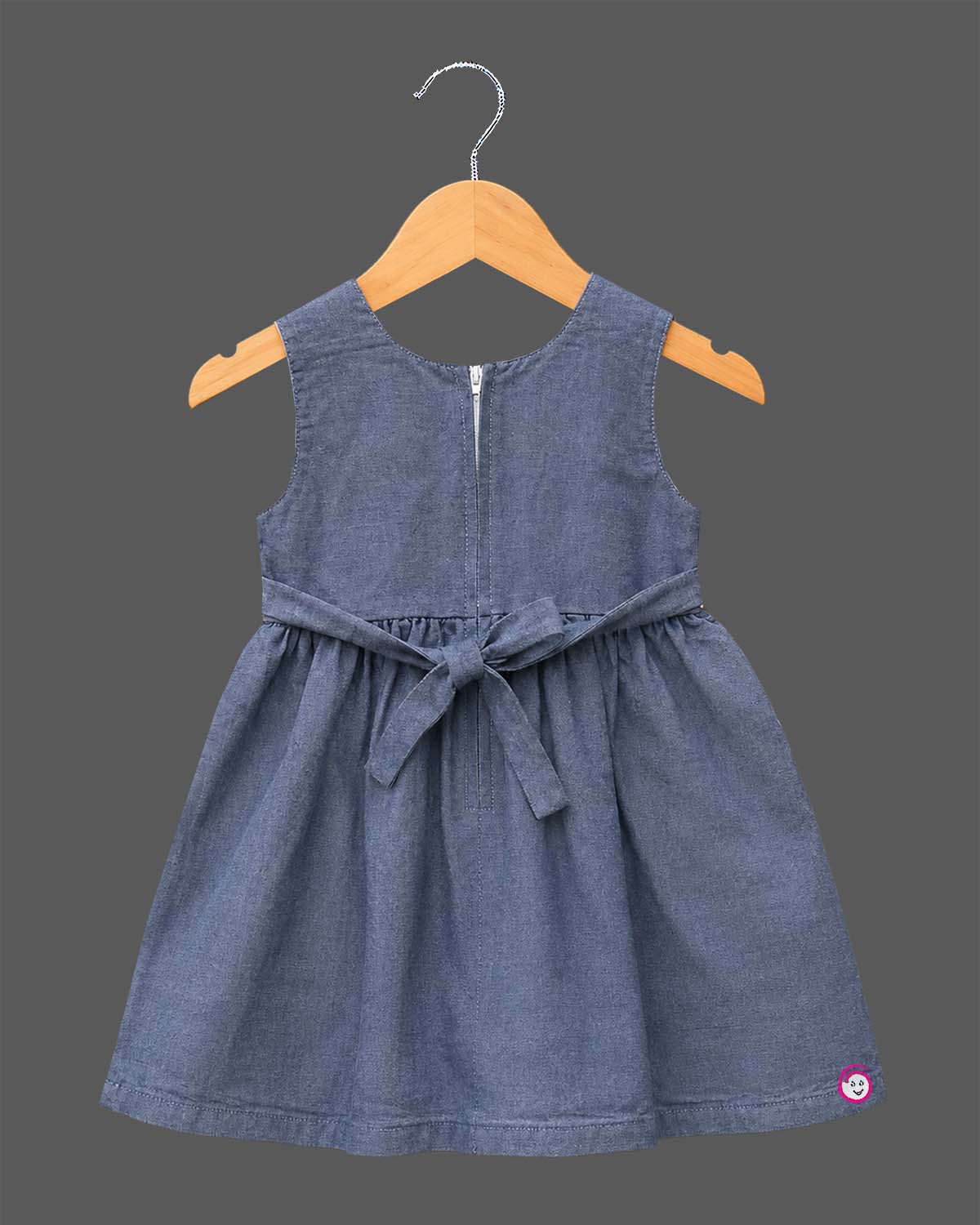 Toddler embroidered denim frock with bow accent and floral embroidery for girls