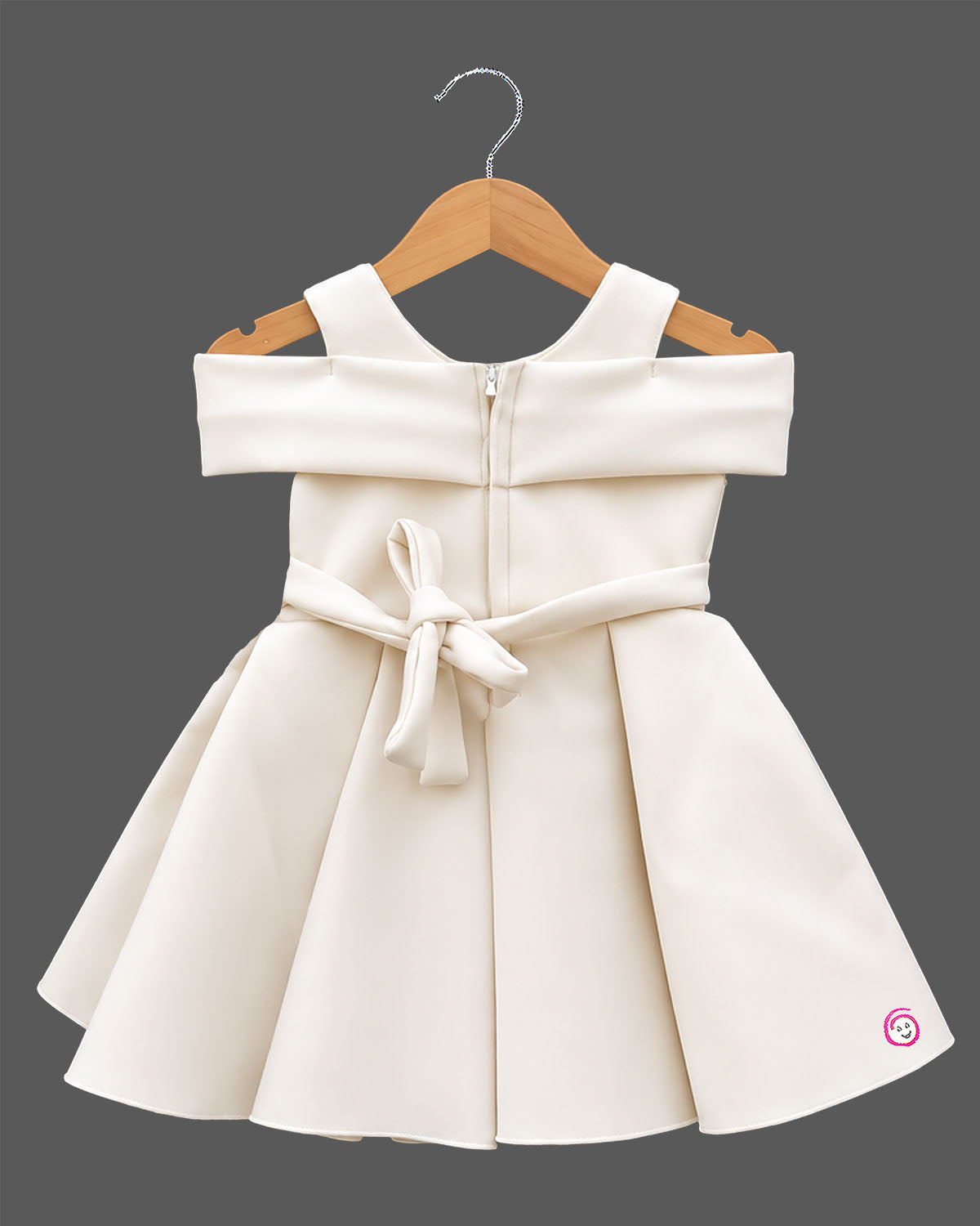 Girls cold shoulder pleated satin frock with 3D floral appliques and flared skirt for party wear.