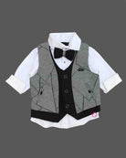 Dapper three-piece party suit for little gentleman featuring a patterned jacquard waistcoat, collared shirt with bow tie, and matching tailored pant.