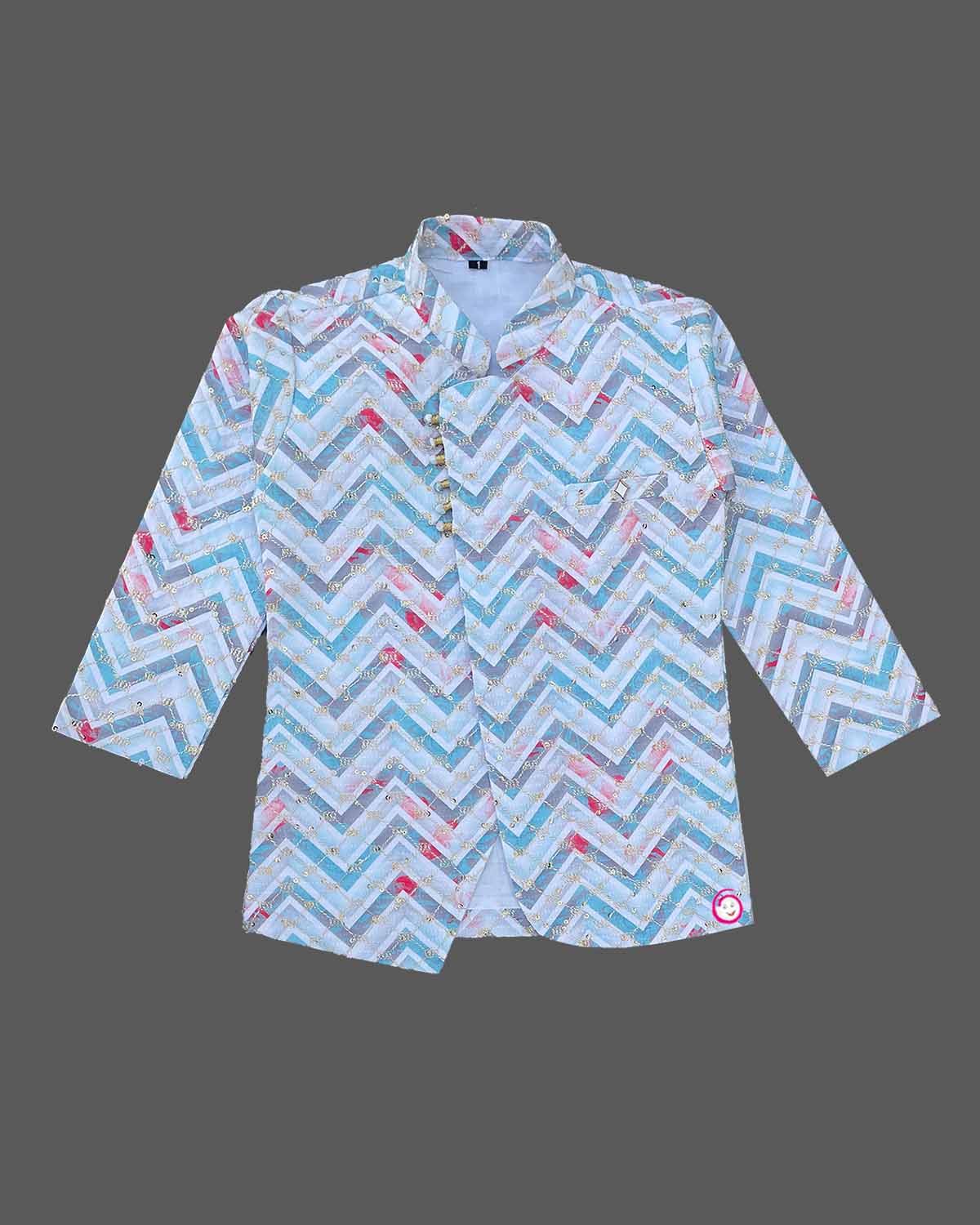 Boys zig zag printed sherwani set - Sky Blue