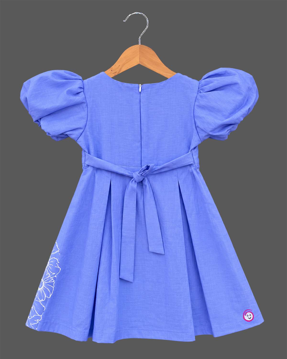 Girls powder blue puff sleeve cotton casual frock with white floral border print