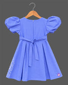 Girls powder blue puff sleeve cotton casual frock with white floral border print