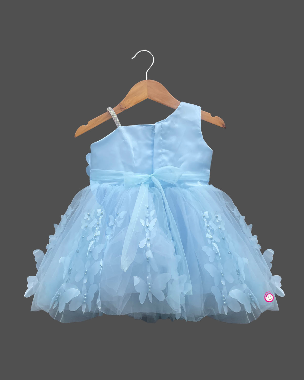 Girls ruffled with floral applique party frock - Sky Blue