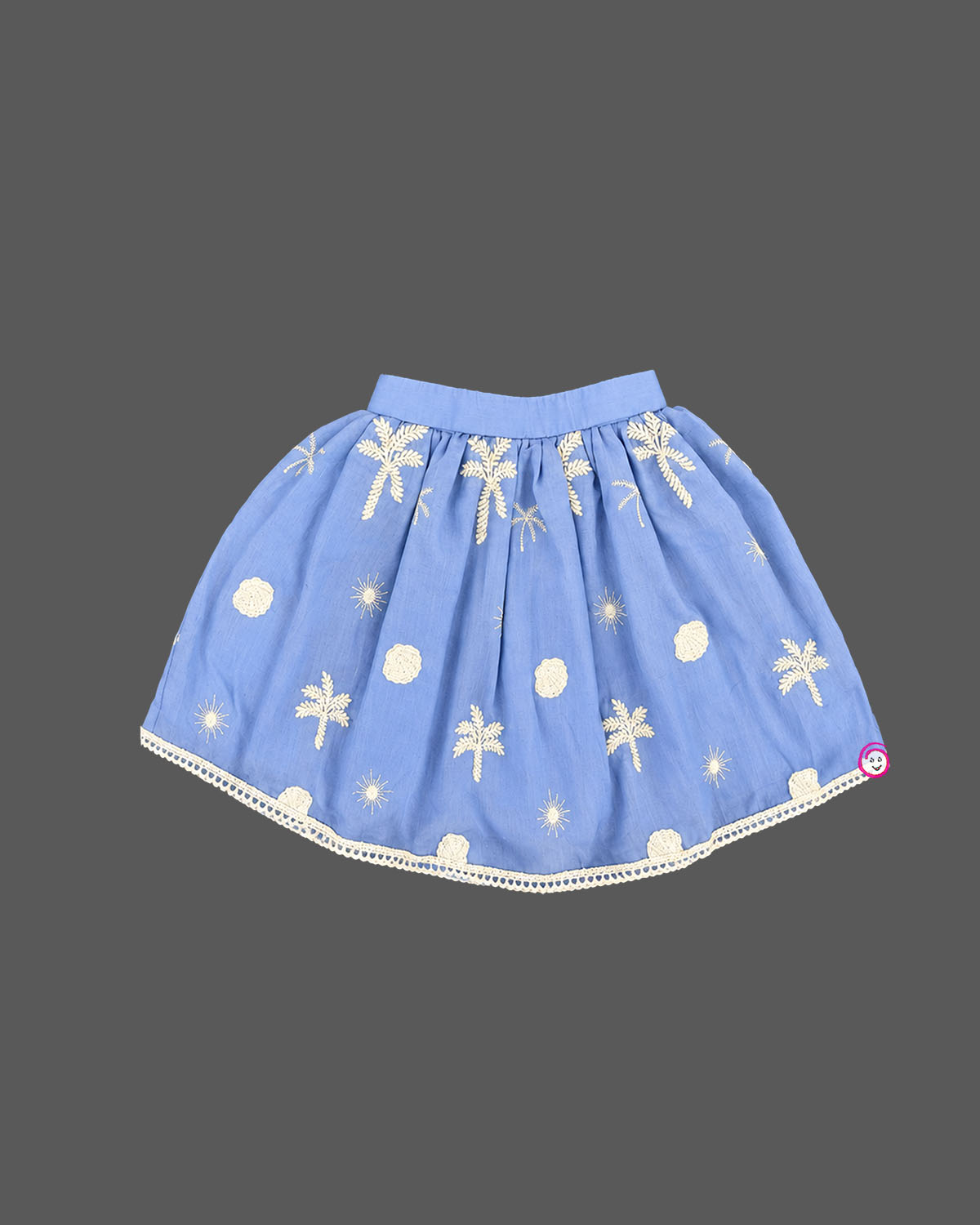 Baby party wear dress featuring a layered pleated top and embroidered flared skirt set with lace trim.