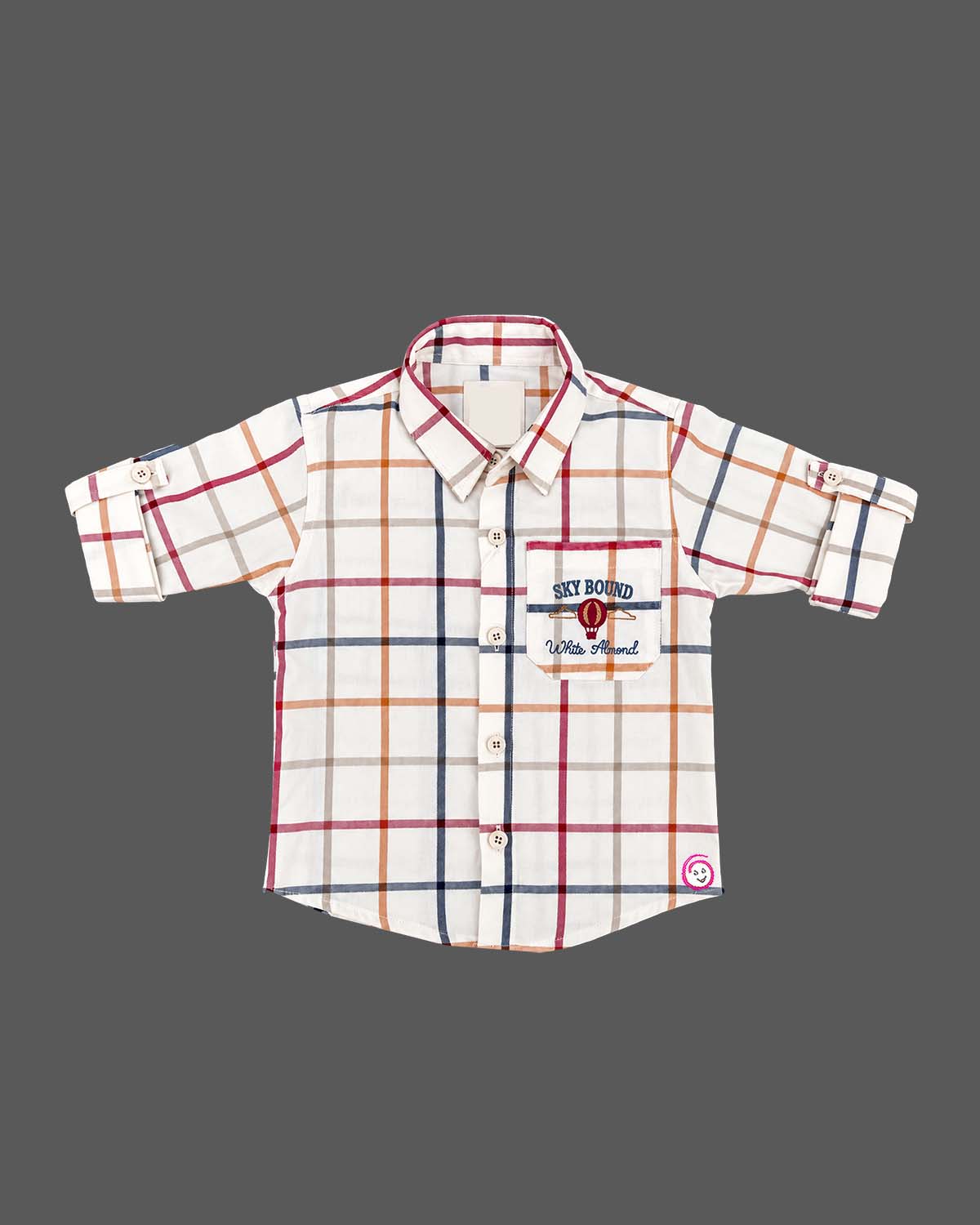 Grid plaid collared shirt with roll tab sleeves paired with utility cargo pants for boys shirt and pant set.