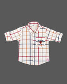 Grid plaid collared shirt with roll tab sleeves paired with utility cargo pants for boys shirt and pant set.