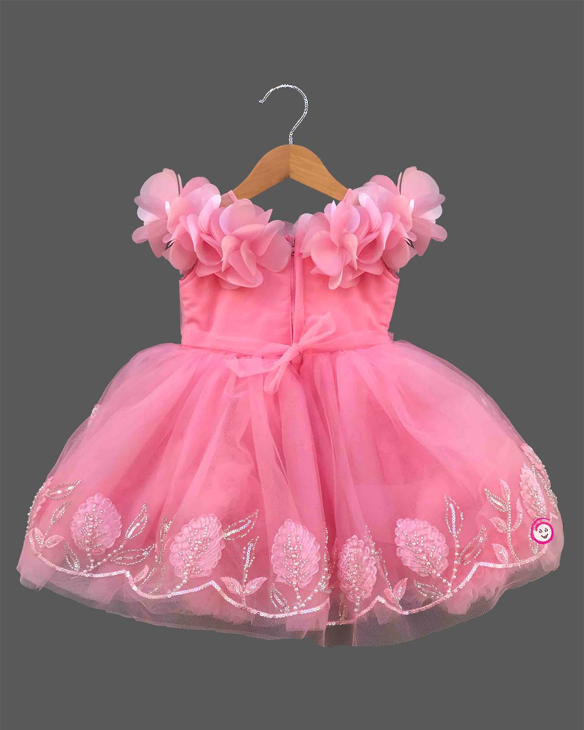 Little princess pink net party frock with 3D flowers and pearl embroidery