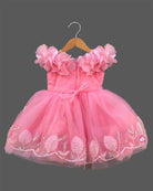 Little princess pink net party frock with 3D flowers and pearl embroidery