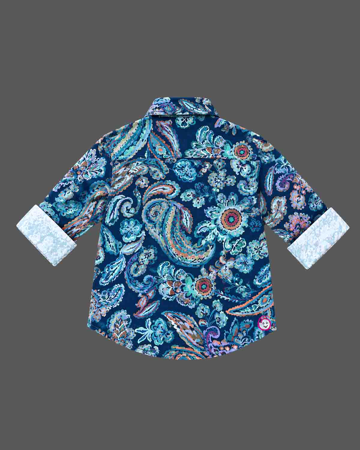 Boys paisley printed button-down shirt with turned-up contrast cuffs, ideal baby party wear dress style.