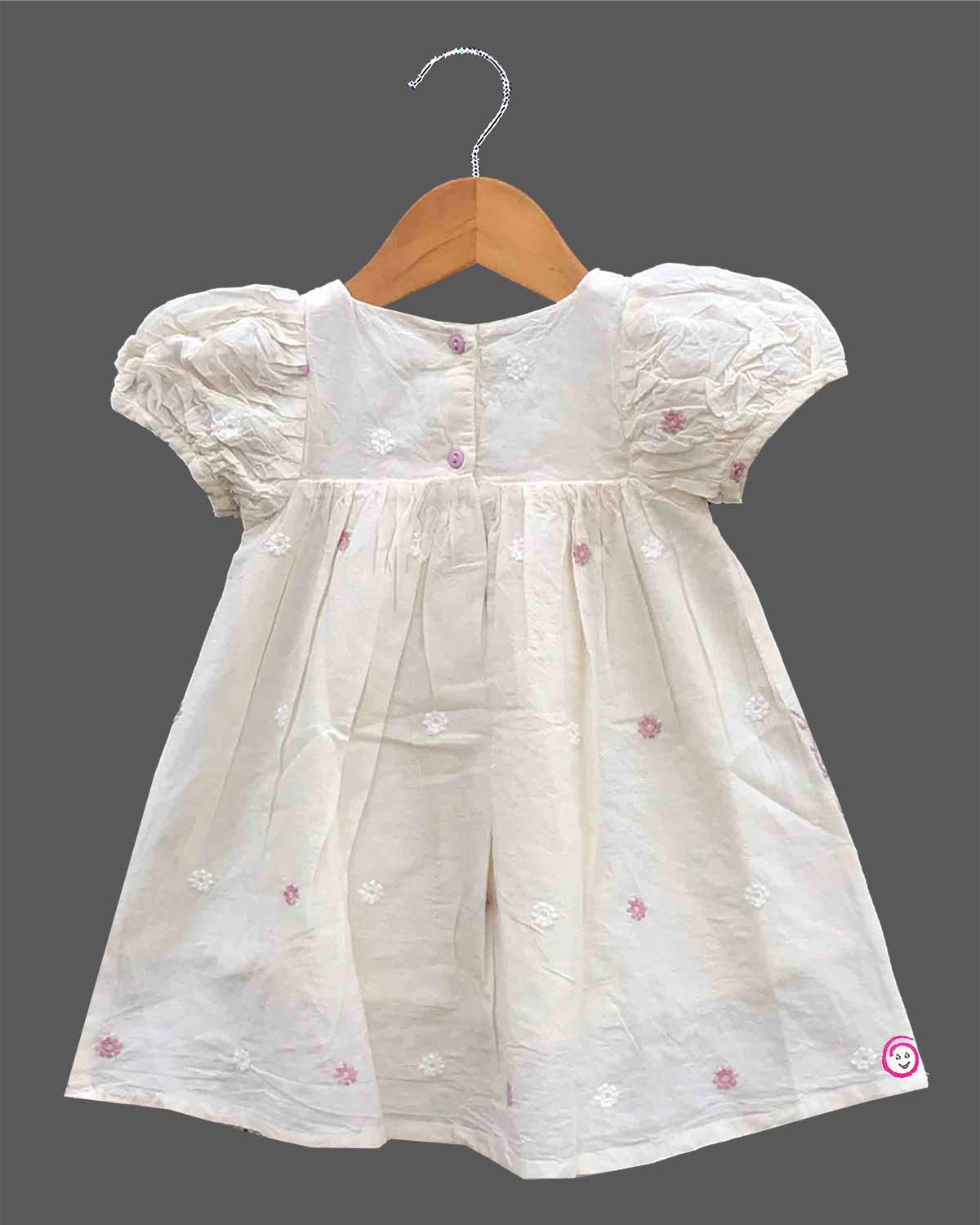 Toddler floral embroidery frock with scalloped hem schiffli design and puff sleeves