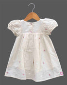 Toddler floral embroidery frock with scalloped hem schiffli design and puff sleeves