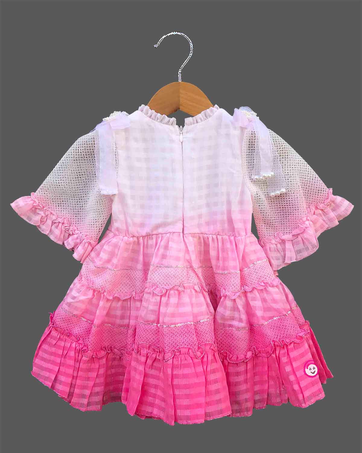 Little princess pink checkered western frock with lace ruffles and mesh sleeves