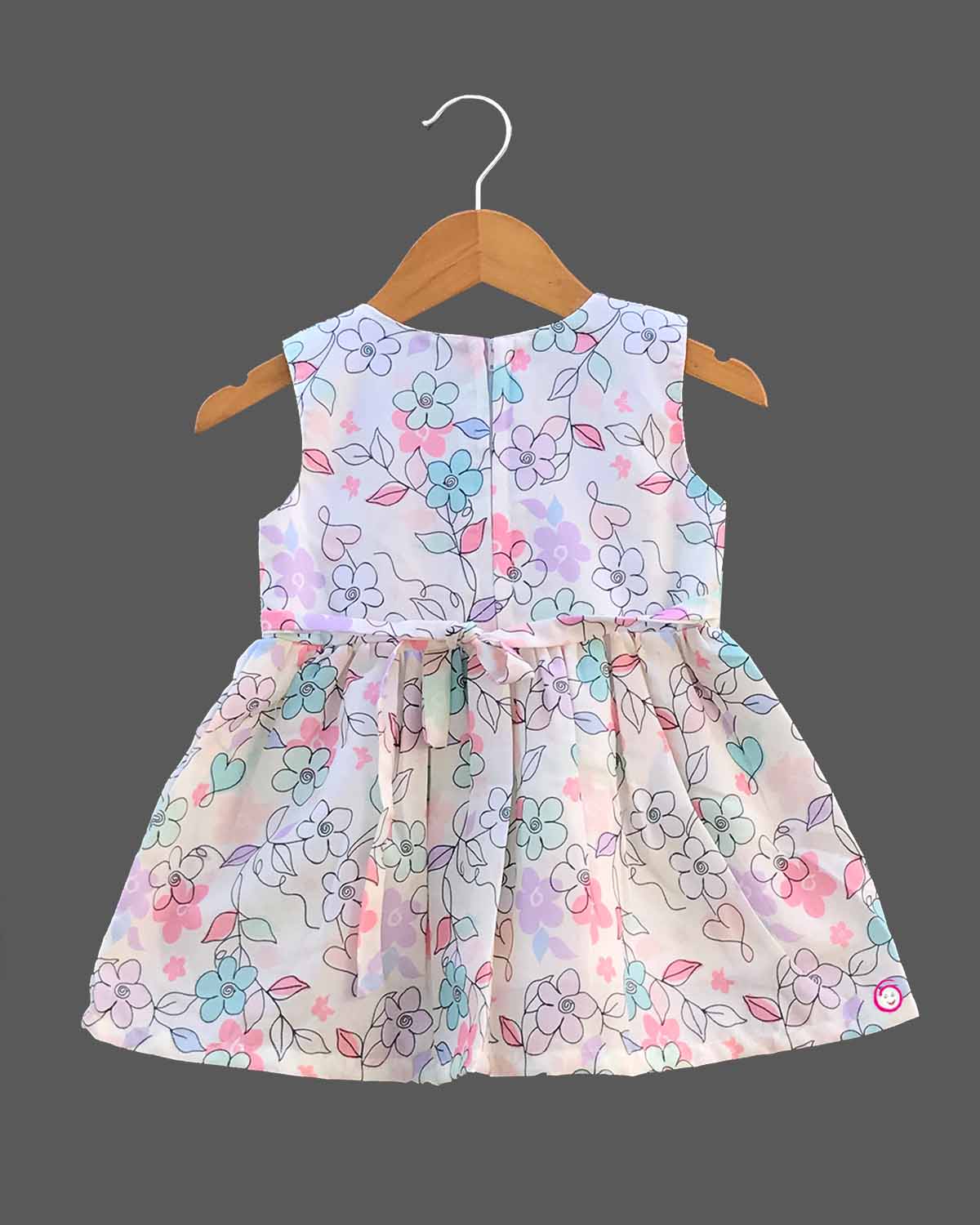 Girls flower printed with bow casual frock - Sea Green