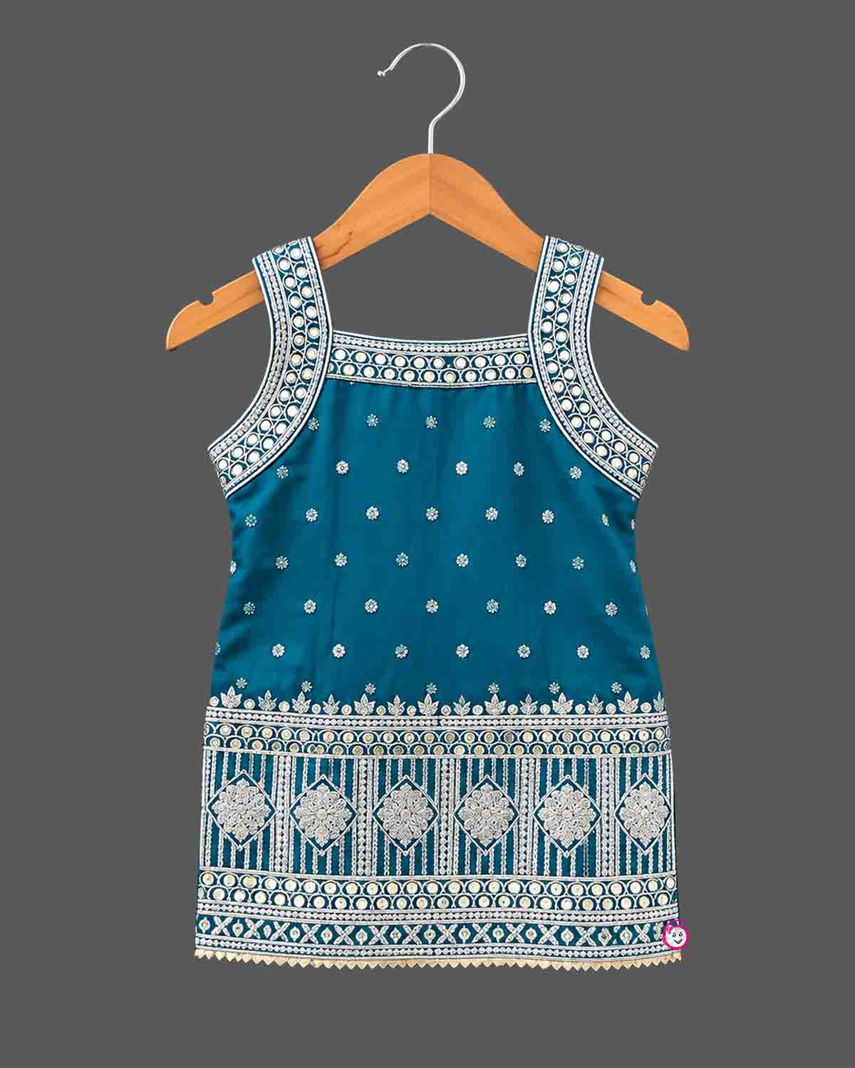 Baby Girl Silk Blend Kurti Dhoti Set with Detailed Thread Embroidery and Mirror Work