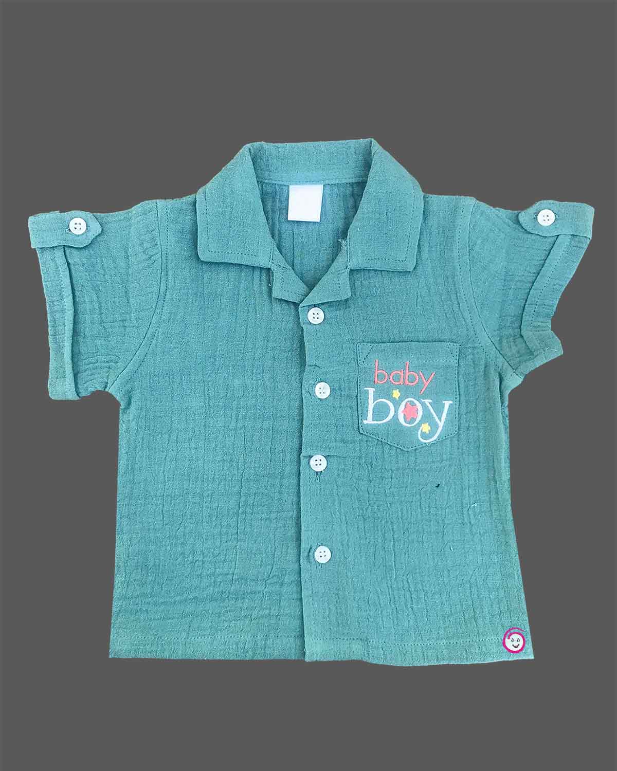 Teal sea green premium cotton muslin short sleeve button down shirt with pocket embroidery and matching shorts