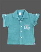 Teal sea green premium cotton muslin short sleeve button down shirt with pocket embroidery and matching shorts