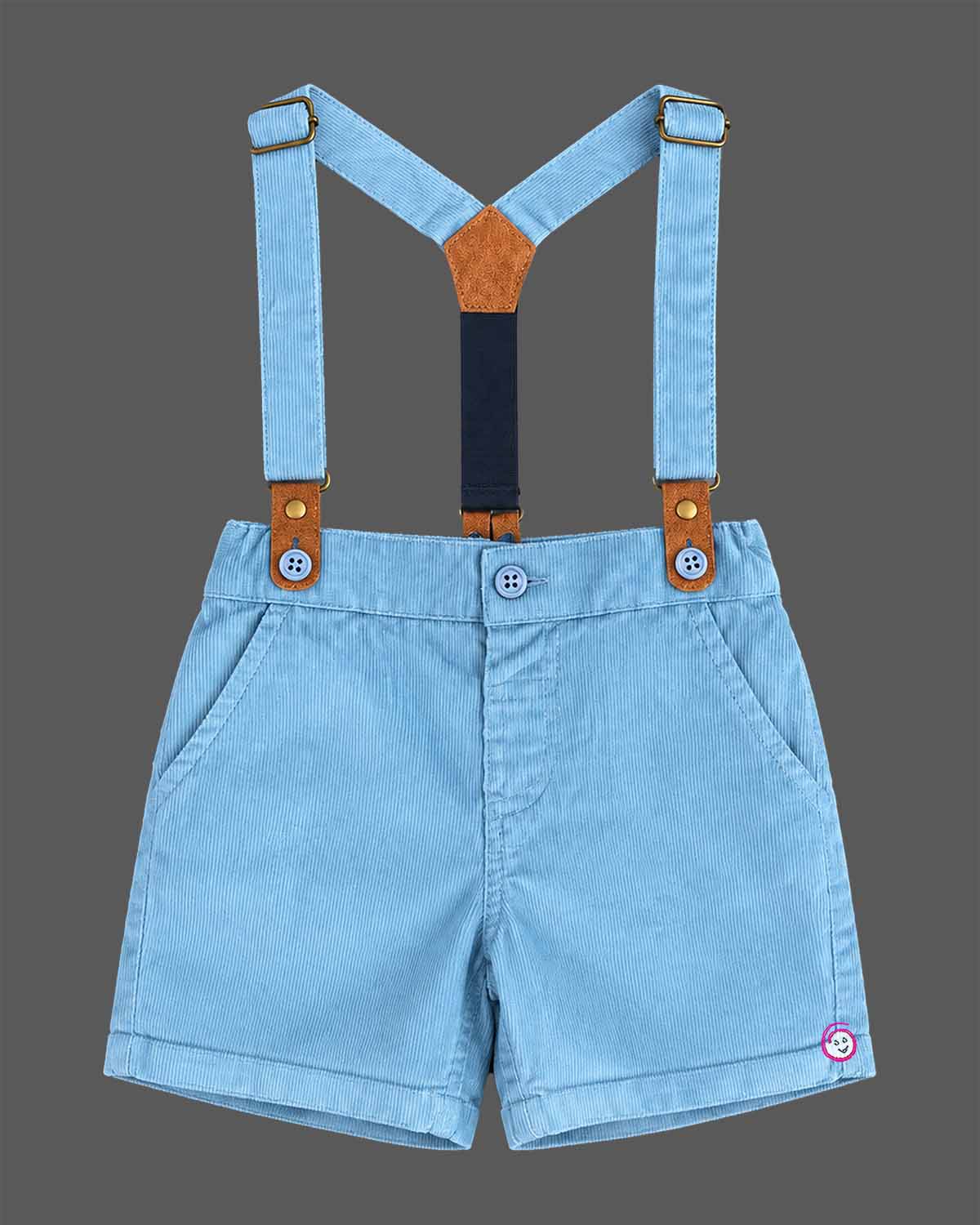 Boys suspender set with vehicle printed collared shirt, bow tie, and light blue suspender shorts