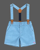 Boys suspender set with vehicle printed collared shirt, bow tie, and light blue suspender shorts