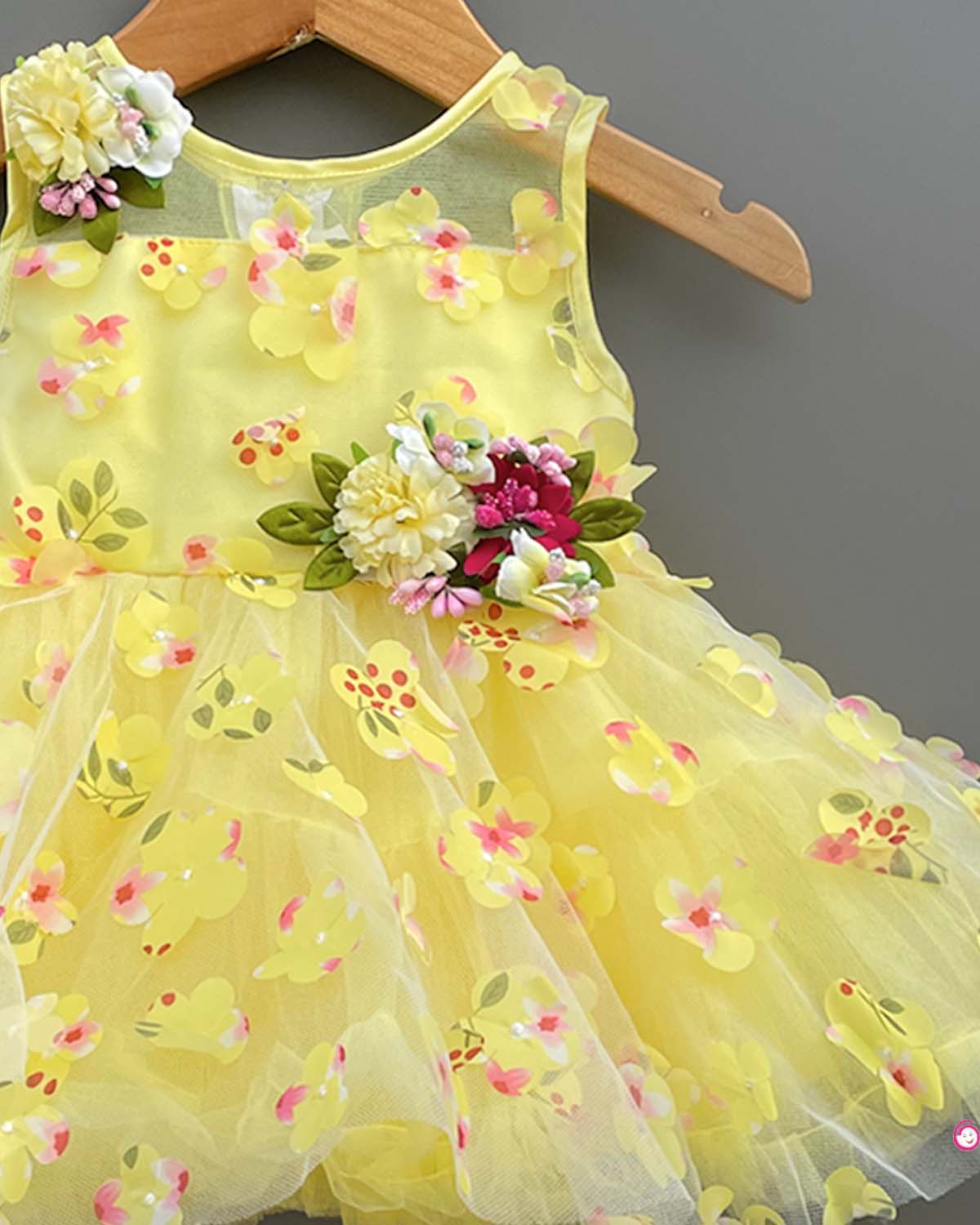 Girls flower applique partywear frock - Light Yellow