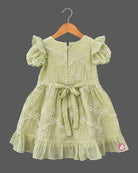 Cotton Frock For Baby Girl with floral embroidery, flutter puff sleeves, buckle belt and tiered ruffle hem