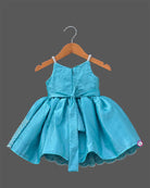 Sky blue embroidered net party frock for girls with bow detail and scalloped hem
