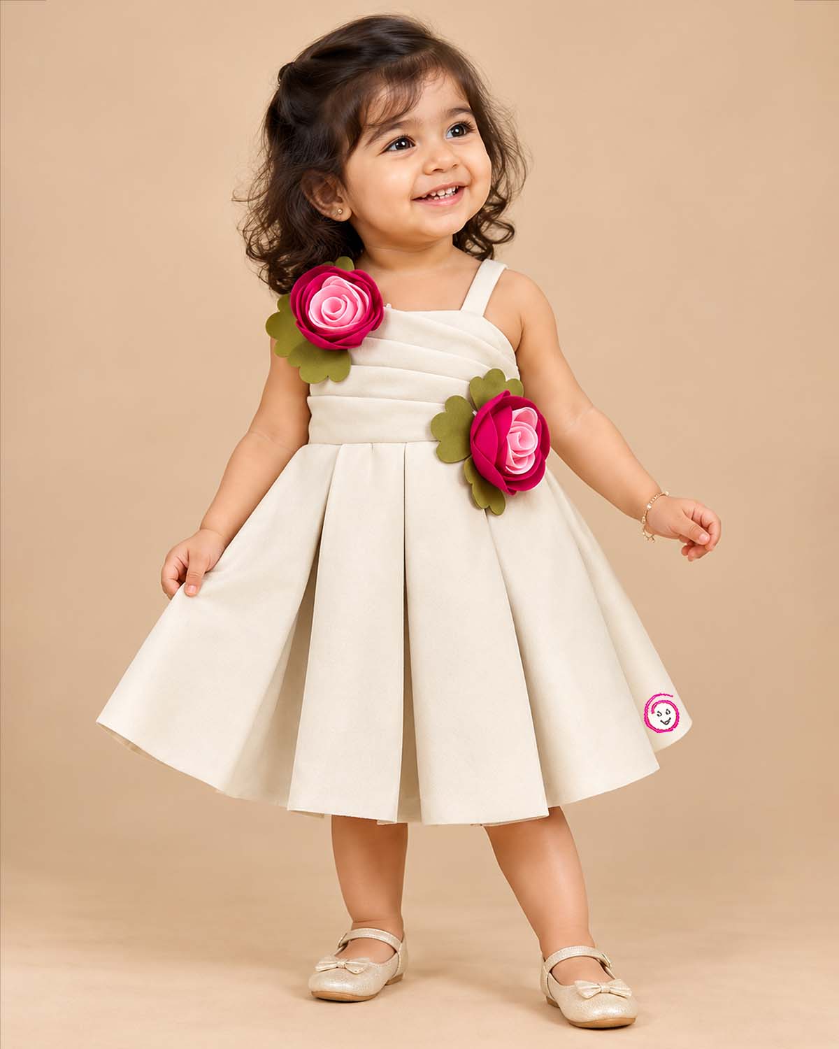 Toddler Pleated Fit-and-Flare Dress with shoulder strap and floral appliques