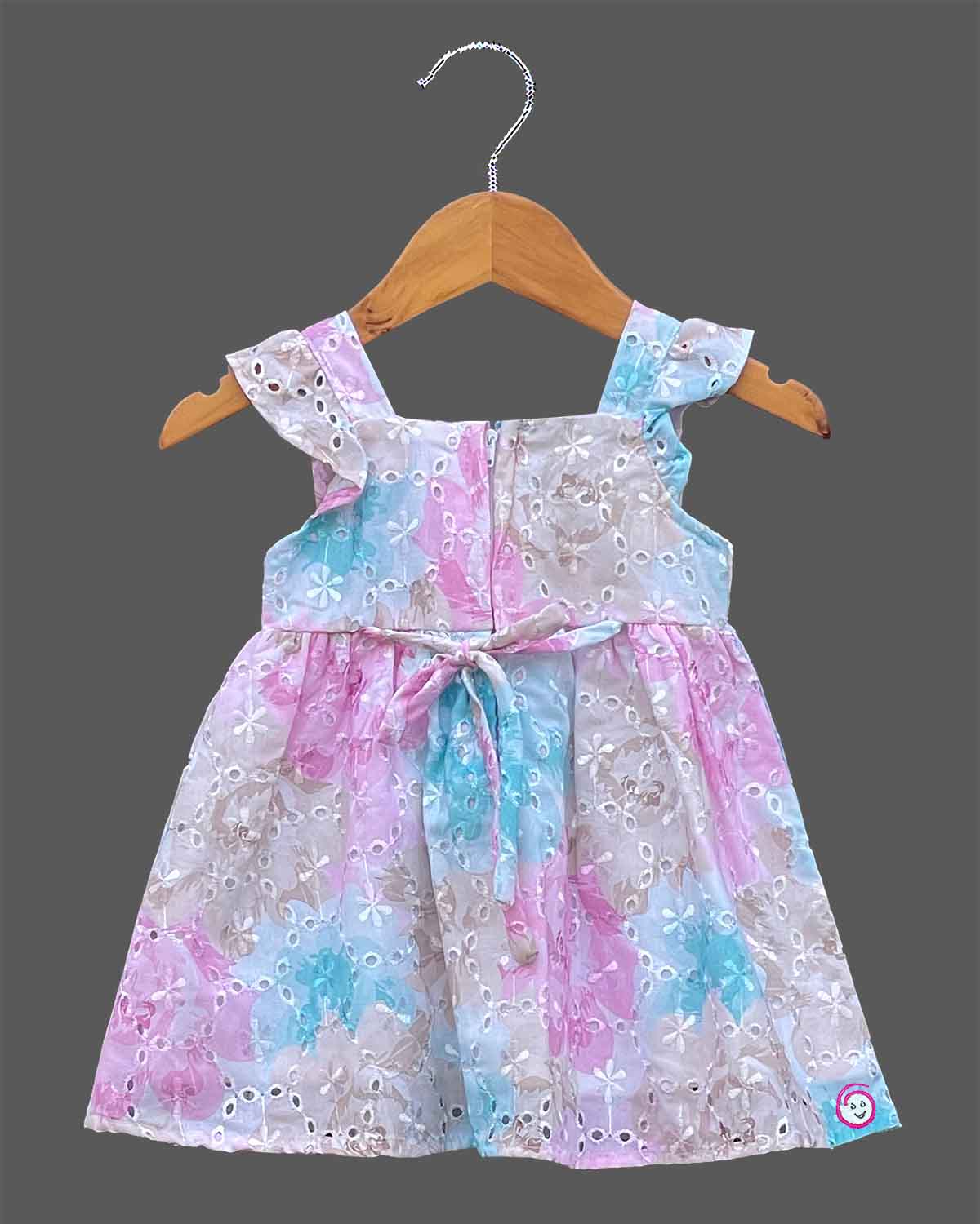 Baby girl schiffli embroidered cotton casual frock with ruffle shoulder straps and chest patch detail