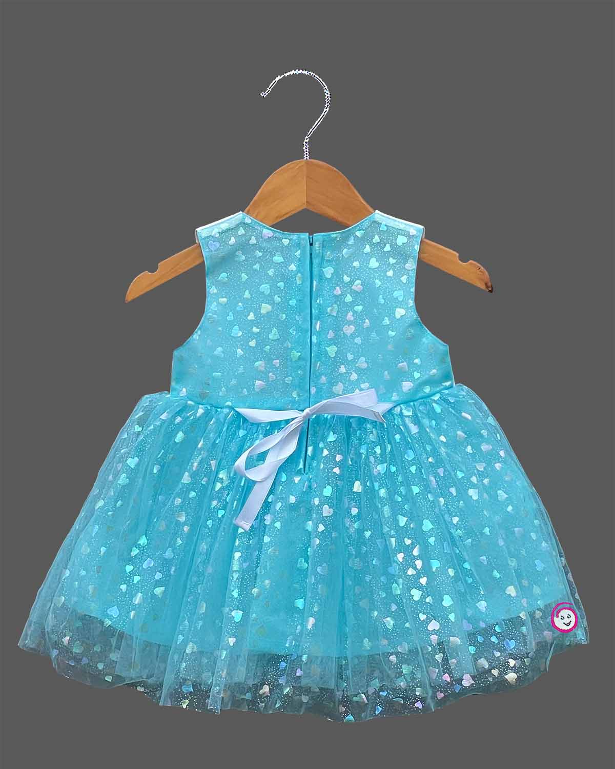 Little girl sky blue net flared frock with white cotton cat print bodice