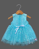 Little girl sky blue net flared frock with white cotton cat print bodice