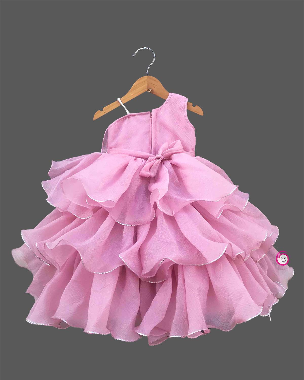 Baby girl light pink organza layered party frock with giant flower detail