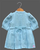 Sky blue embroidered floral cotton casual frock with navy blue flower accents for girls