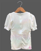 Baby girl shimmer midi dress with puff sleeves and embellished draped bodice for party wear