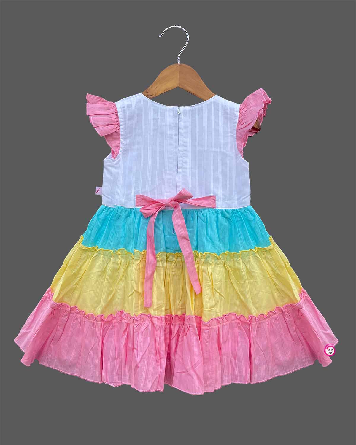 Multicolor pastel tiered cotton frock with flutter sleeves and bodice floral embroidery for girls