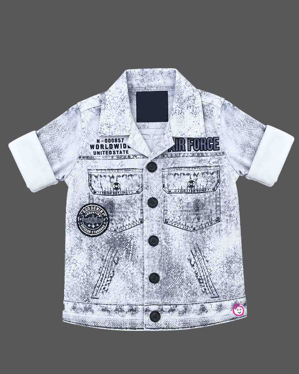 Toddler party wear button-down printed denim shirt with chest pockets and collar.