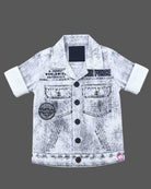 Toddler party wear button-down printed denim shirt with chest pockets and collar.