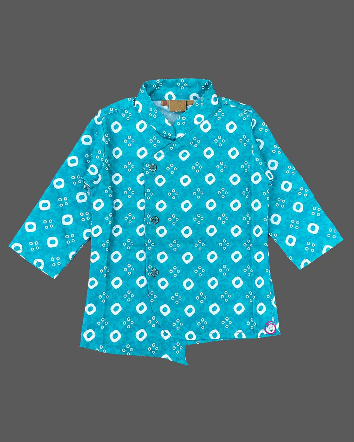 Baby boys bandhani printed angrakha kurta with elasticated dhoti pants and matching velcro booties set.