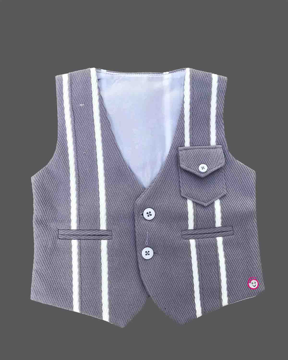 Grey striped waistcoat suit set with light blue shirt and bow tie for boys