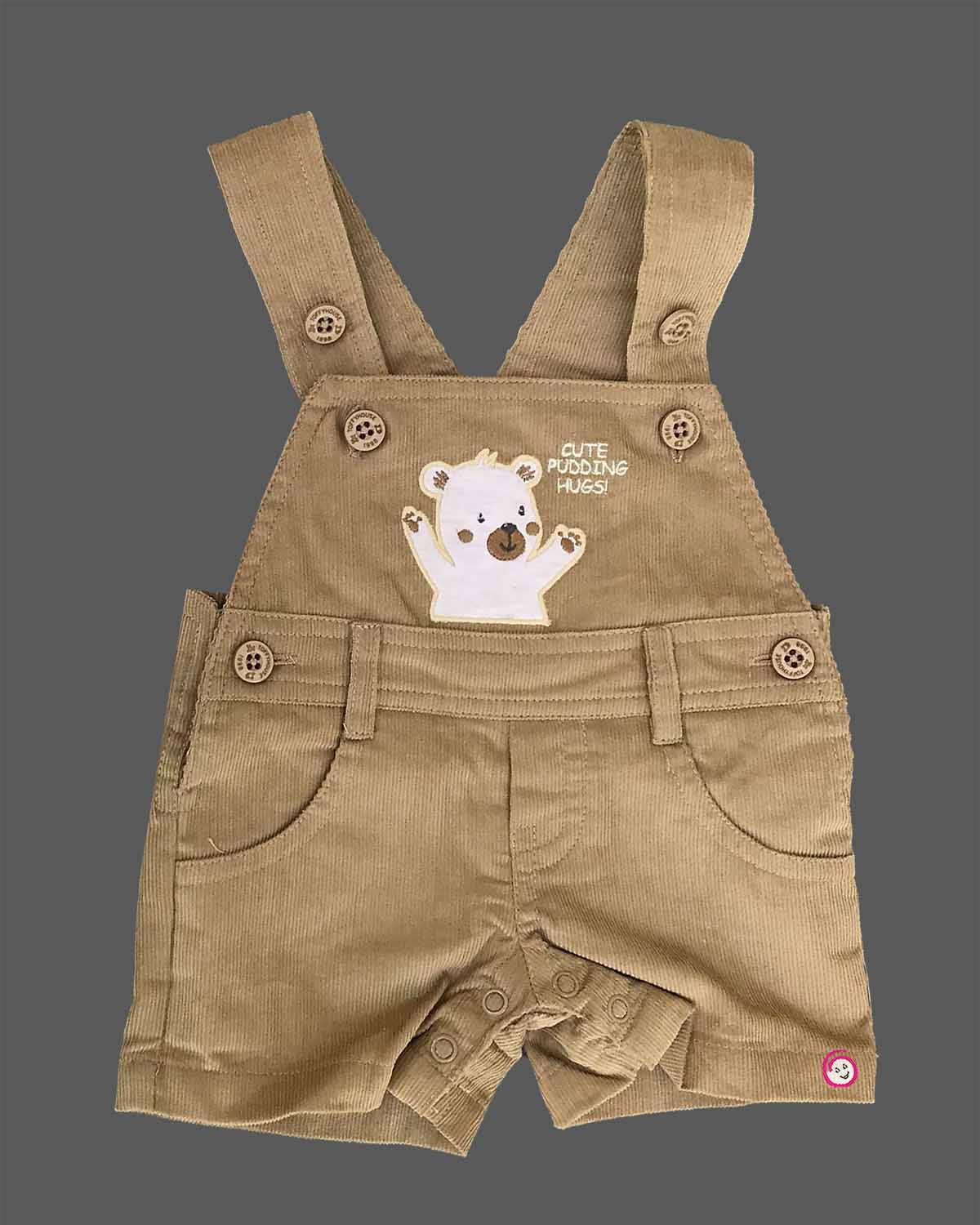 Adorable junior menswear bear face printed t-shirt paired with embroidered corduroy dungaree shorts