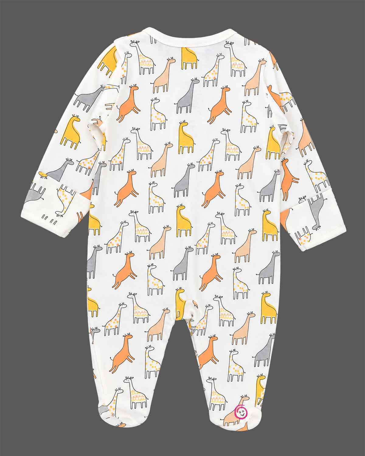 Giraffe printed full sleeve front snap romper dress for infant boys